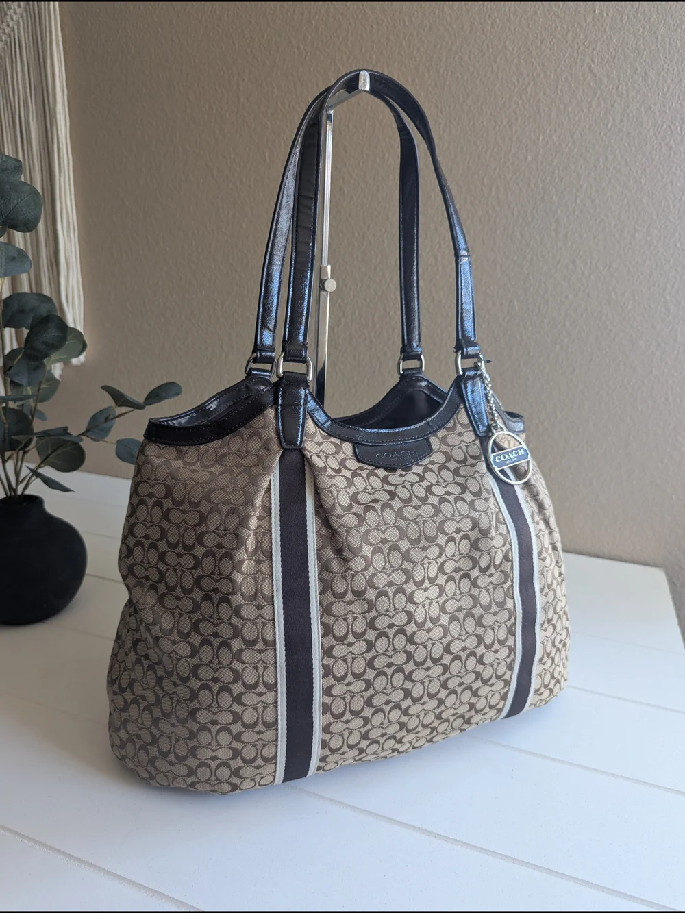 Coach Signature Stripe Devin Shoulder Tote Bag